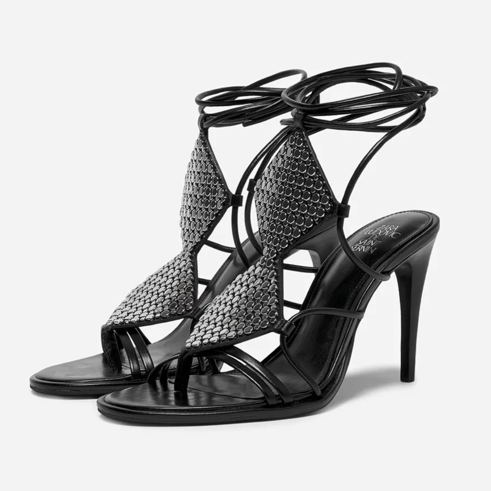 ZARA LEATHER  
Black and Silver Strappy Sandals